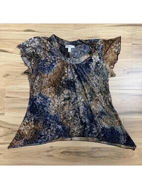Dressbarn Petite Sheer Leopard Floral Asymmetrical Hem Top PL Fairy Whimsigoth
